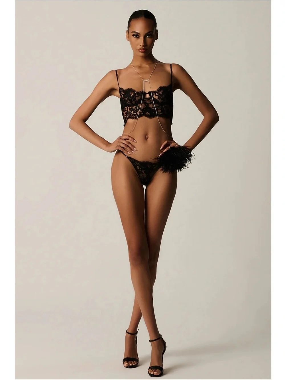 Black Kiki de Montparnasse Black Lace Longline Bra Sz M & Camille G-String